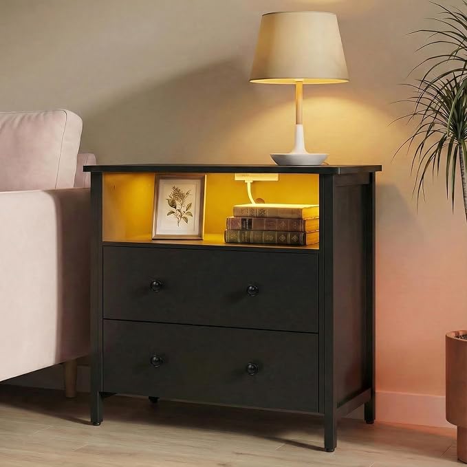 27 Inch Wide Night Stand, Large Wood Night Stand Set 2 with 2 Drawers, LED Nightstand with Charging Station and Adjustable Drawer, Bedside Table for Living Room/Bedroom/Study/Office, Black. - Image 7
