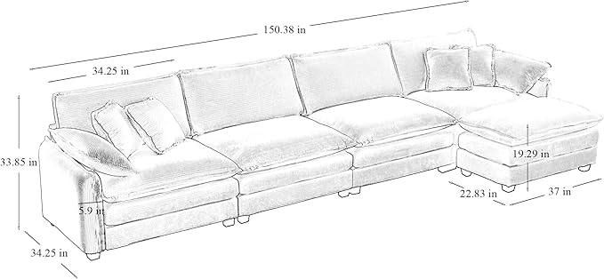 KEIKI 150" L-Shaped Oversized Corduroy Modular Sectional Sofa with 1 Ottoman, High-Density Foam Cushions, Removable Armrests, Upholstered 4-Seater Corner Couch with 6 Pillow, for Living Room, Grey