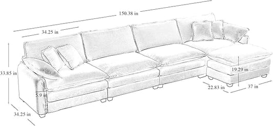 KEIKI 150" L-Shaped Oversized Corduroy Modular Sectional Sofa with 1 Ottoman, High-Density Foam Cushions, Removable Armrests, Upholstered 4-Seater Corner Couch with 6 Pillow, for Living Room, Grey