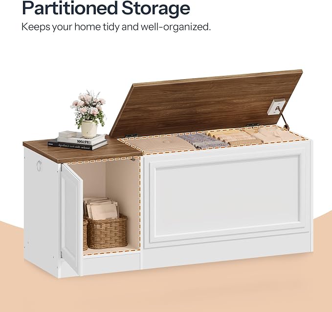 HOOBRO Storage Bench, 47.2" Wooden Toy Box, Toy Chest with Safety Hinge, Farmhouse-Style Storage Chest, Entryway Bench, for Living Room, Bedroom, Hallway, White and Walnut WH54CW01 - Image 7