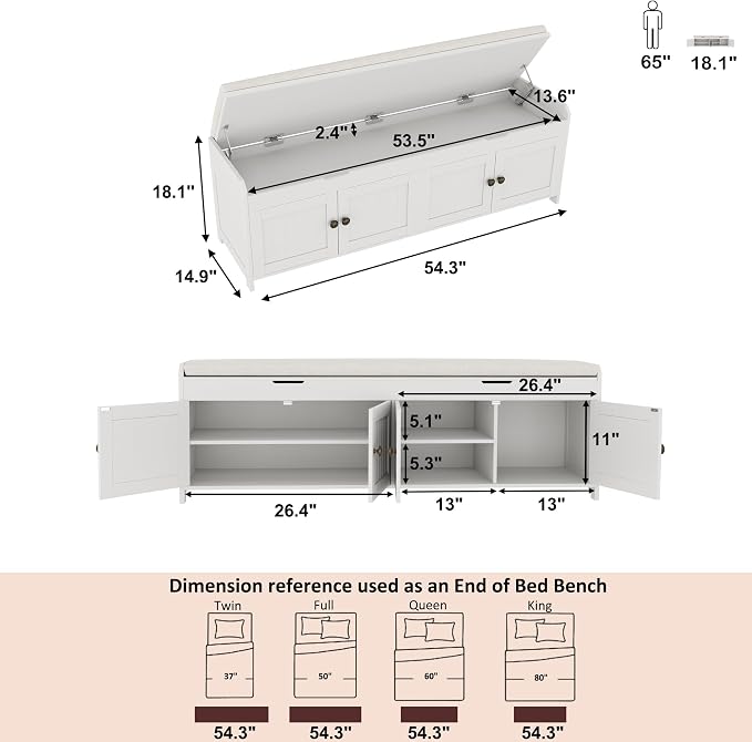 HOMEFORT 54.4" Shoe Bench with Lift Top Storage, Entryway Bench with Cushioned Seat, Wooden End of Bed Bench, Shoe Cabinet Bench with Hidden Storage Space, for Bedroom, Hallway,White - Image 3