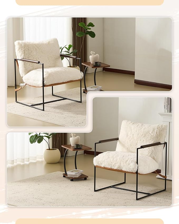 Karl home Modern Accent Chair Plush Fleece Upholstered Living Room Chair with Metal Frame Wooden Armrest Comfy Lounge Armchair for Living Room, Bedroom, Balcony, Reading Room, Creamy