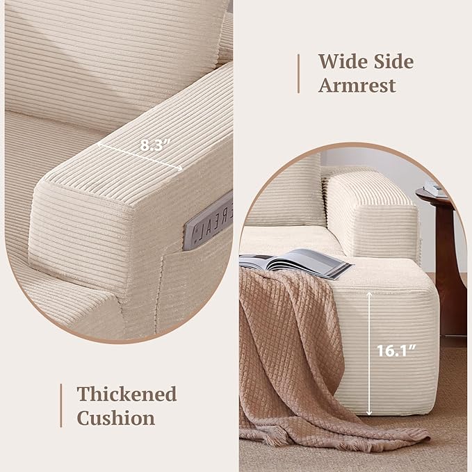 97inch Boneless L-Shaped Sectional Sofa with Throw Pillow & Side Pockets- No Assembly Compressed Modular Couch, Memory Foam, Deep Seat for Living Room, Bedroom, Apartment White Right