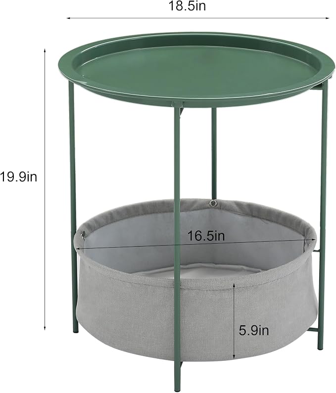 VECELO Round Side/End Table with Fabric Storage Basket，Metal Anti-Rust and Waterproof Small Bedside Nightstand with Removable Tray Top for Living Room，Balcony & Laundry，Dark Green /1pcs with Basket - Image 3