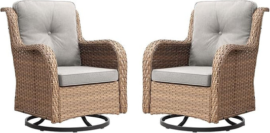 Rilyson Patio Chairs Rocking Swivel Chiar - 2 Piece Outdoor Wicker Furniture Chairs Set Rattan Rocker Chair with High Back and Deep Seating for Porch Deck(Yellow/Beige)