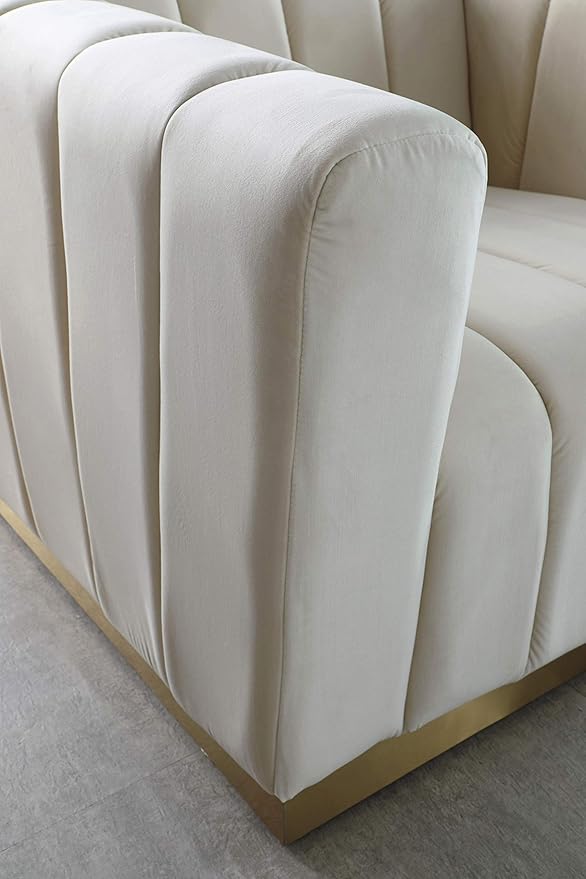 Meridian Furniture 603Cream-S Marlon Collection Modern | Contemporary Velvet Upholstered Sofa with Deep Channel Tufting, Stainless Steel Base in a Brushed Gold Finish, Cream, 86.5" W x 34" D x 28" H