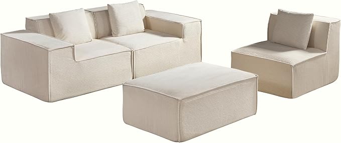 Rowan Convertible Corduroy Sectional Couch with Ottoman & Pillows, Modular L Shaped Sleeper Sofa, Boneless Cloud Couch for Living Room Furniture, Beige