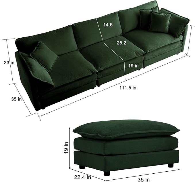 KEIKI Combination Sofa, Upholstered 5 Seater Couch, Oversized U Shaped Sectional Sofa with Reversible Ottoman for Living Room Bedroom Office, Green