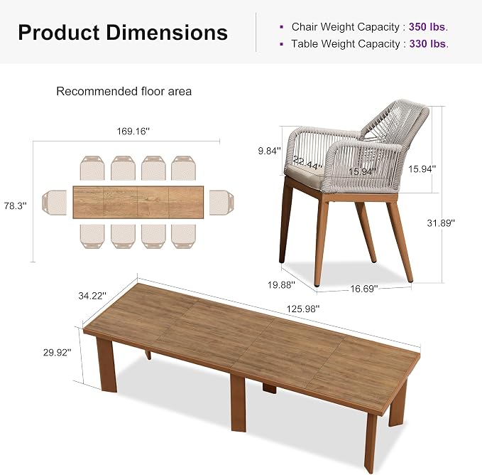 PURPLE LEAF 11 Pieces Patio Dining Set Aluminum Rectangular Table and Rattan Arm Chairs with Cushions for Kitchen Porch Garden Modern Outdoor Furniture Sets - Image 9