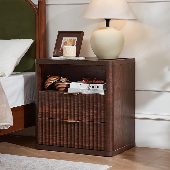 LEYAOYAO 23" Wide Fluted Farmhouse Night Stand Set of 2 with Charging Station, 2 Drawers Large End Table w/Metal Handle, Walnut Nightstand Bedside Table,Wood Dresser for Bedroom, Closet - Image 4