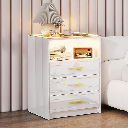 High Gloss LED Nightstand with Charging Station & 3 Color Dimmable Light Modern for Bedroom White, Smart Bedside Table with 3 Drawers & USB Type-C Port for Home by JDPAG