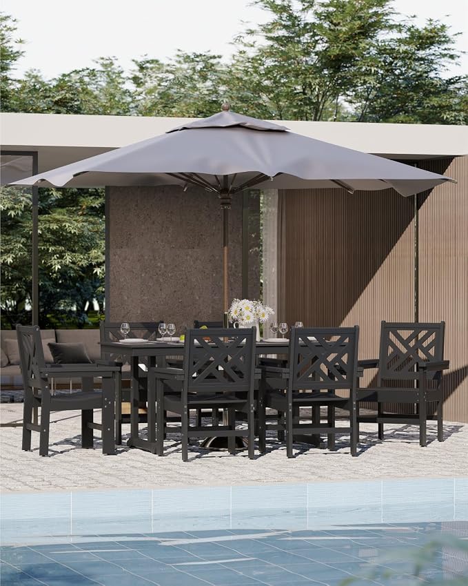 7-Piece Outdoor Dining Set, HDPE All-Weather Patio Table and Chairs Set for 6, Outdoor Patio Furniture Sets with Umbrella Hole for Outside, Deck, Backyard, Garden (Black) - Image 7