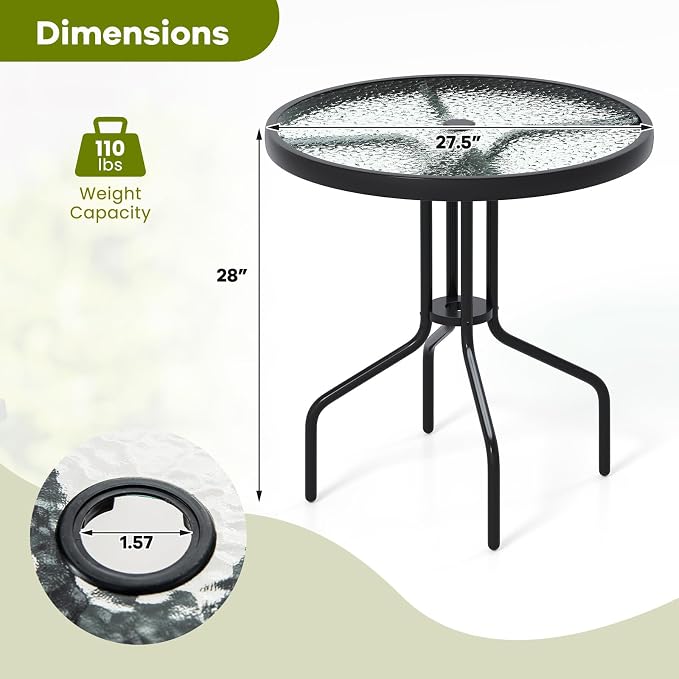 Tangkula 27.5 Inch Round Outdoor Dining Table with Tempered Glass Top, Outside Bistro Table with Umbrella Hole & Metal Frame, Patio Dining Table for Backyard, Lawn, Deck & Poolside - Image 3