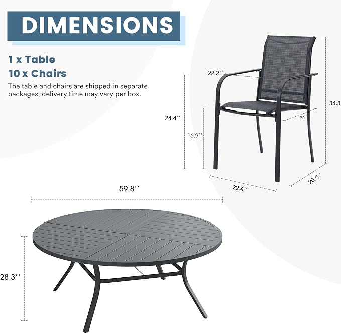 DIFY Patio Dining Set for 10, 11 Piece Outdoor Table and Chairs Set, 59.8" Round Metal Patio Dining Table and 10 Textilene Stackable Patio Chairs, for Backyard Garden Poolside, Grey - Image 8