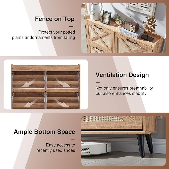 Barnyatoh Shoe Storage Cabinet, Boho Shoe Organizer with 4 Flip Drawers & Rattan Design,Farmhouse Freestanding Hidden Slim Narrow Shoe Rack Cabinet for Entryway, Foyer,Hallway,Natural - Image 5