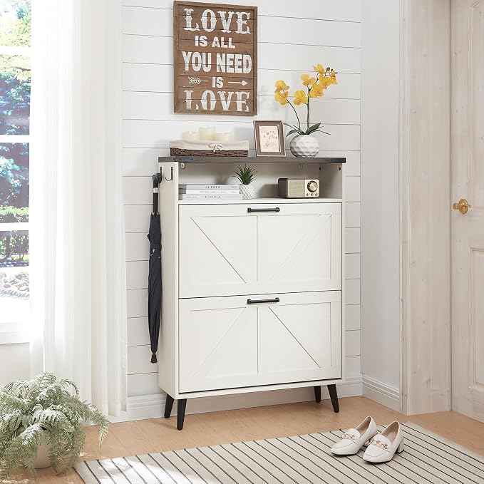 Barnyatoh Shoe Storage Cabinet,Farmhouse Shoe Organizer with 2 Flip Drawers & Barn Door Design,Freestanding Hidden Slim Narrow Shoe Rack Cabinet with Open Storage for Entryway, Foyer,Antique White by Barnyatoh