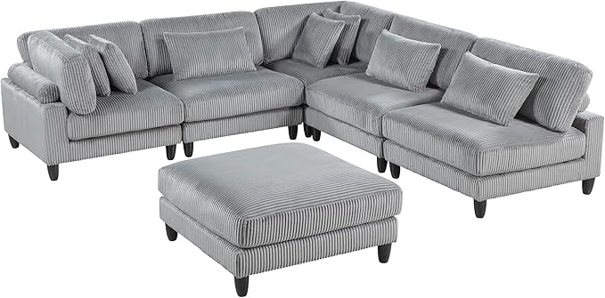 Lexicon 120 Inch Modular Sectional Sofa - Oversized 6 Seater Corduroy L Shaped Sectional Couch with Ottoman, 7 Accent Pillows, and Flexible Arrangement for Modern Living Rooms, Gray