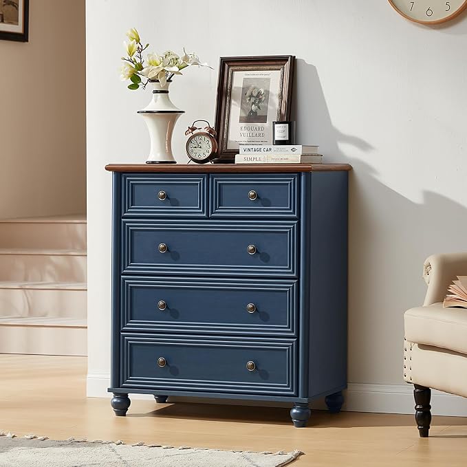 RWYHG Farmhouse 5 Drawer Dresser Set of 2, Blue Rustic Chest of Drawers, 35.5" Tall Small Dressers for Bedroom with Roman Column and Metal Handles,Wood Storage Organizer for Living Room,Hallway,Closet - Image 7