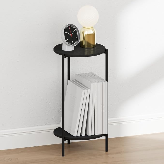 Furinno BESI Night Stand, 2-Tier Tall Round Nightstand with Metal Legs, Metal Frame Narrow End Table with Open Shelf, Side Table, Bedside Table, for Bedroom, Closet, Dorm, Americano - Image 3