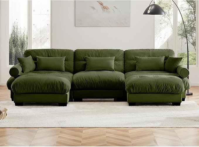 KEIKI 130" U-Shaped Oversized Velvet Modular Sectional Sofa with 2 Ottoman, High-Density Foam Cushions and Bolstered Armrests, Upholstered 3-Seater Cloud Couch with 5 Pillow, for Living Room, Green