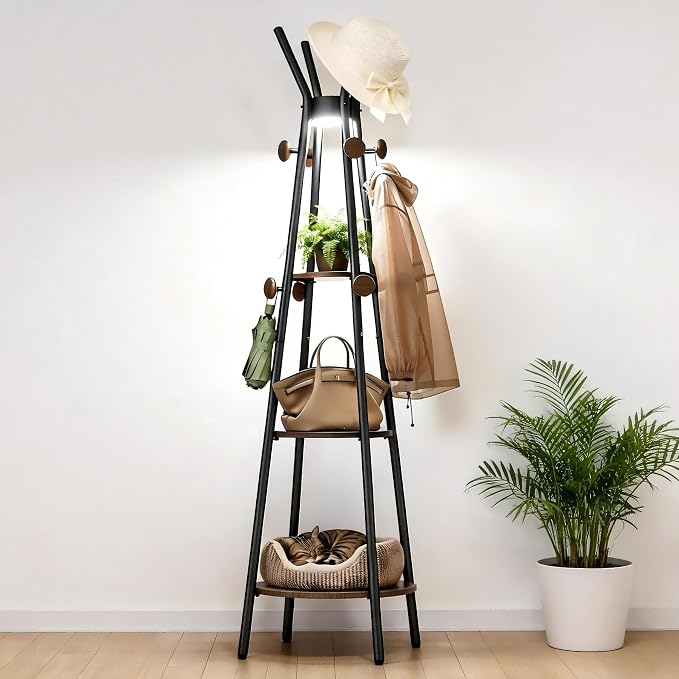 young master Coat Rack, Freestanding Coat Rack with 3 Shelves and 12 Hooks, Coat tree with Motion Sensor Light for Entryway, Livingroom, Hall Tree Free Standing for Coats, Scarves, Handbags, Black by BetheMasterofYourLife