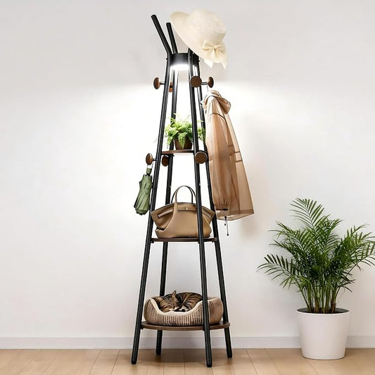 young master Coat Rack, Freestanding Coat Rack with 3 Shelves and 12 Hooks, Coat tree with Motion Sensor Light for Entryway, Livingroom, Hall Tree Free Standing for Coats, Scarves, Handbags, Black by BetheMasterofYourLife