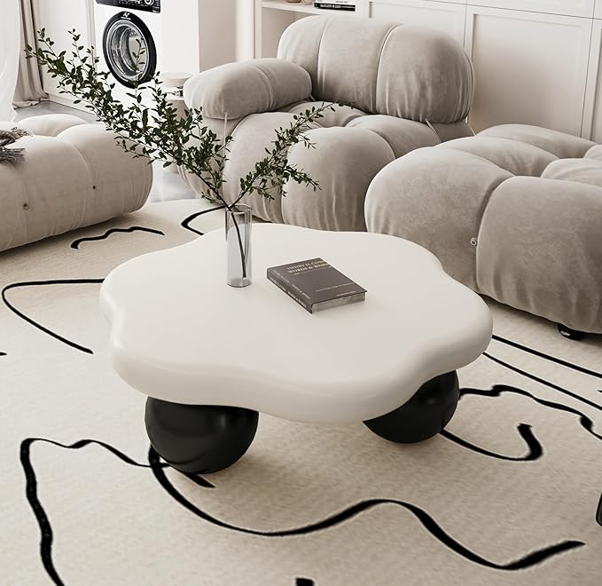 35" Cloud Coffee Table with 3 Ball Legs, Modern Minimalist Petal Center Table for Living Room, Low Cute Small MDF Tea Table for Bedroom, Small Space Apartment-White Black