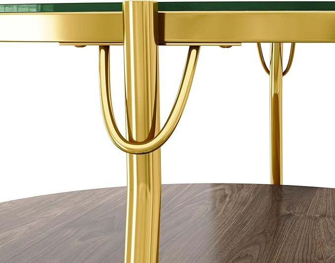 Modern Round Walnut 2-Tiered Coffee Table with Glass Top and Gold Base for Living Room, 29.9"