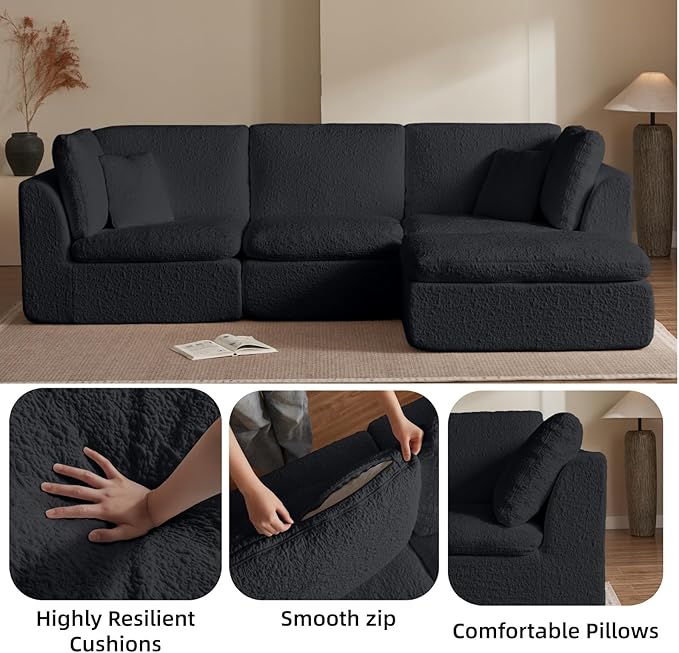 110" Cloud Sectional Couches for Living Room, Convertible L Shape Boneless Couch Chenille Fabric with Ottoman, 3 Seater Modular Sectional Sofa No Assembly Required, Black