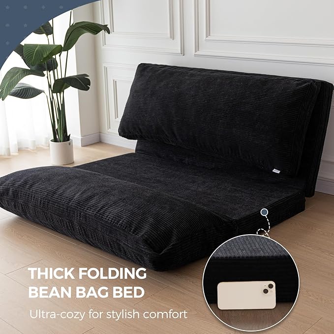 MAXYOYO Folding Sofa Bed, Extra Thick and Long Floor Sofa Convertible Sleeper Chair with Washable Cover, Floor Couch Lounge Bean Bag Bed for Living Room, Black, 54x95 Inch