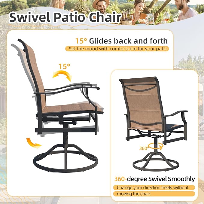 BUPPLEE Outdoor Patio Dining Set with 6 Swivel Chairs, Metal Table with Umbrella Hole, 7-Piece Patio Table and Chairs for Backyard, Poolside, Balcony and Garden (Brown) - Image 2