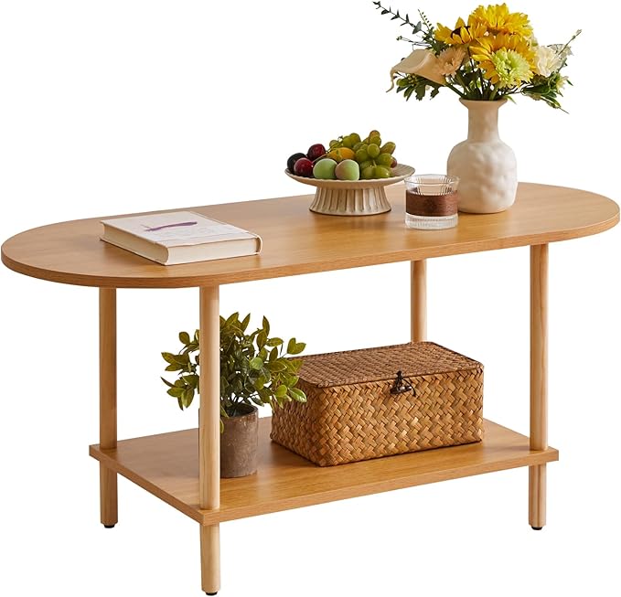 Wooden Tea Table Small Coffee Table, 2 Tier Coffee Table for Living Room, 35x16x17inch Tea Table Stand with Storage Shelf Natural Wood Color YD-012N