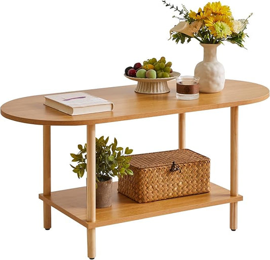 Wooden Tea Table Small Coffee Table, 2 Tier Coffee Table for Living Room, 35x16x17inch Tea Table Stand with Storage Shelf Natural Wood Color YD-012N