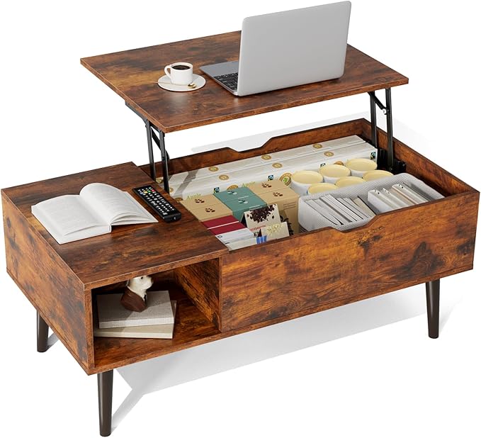 NEWBULIG Lift Top Coffee Table with Storage, Wooden Coffee Table for Living Room, Hidden Compartment & Open Shelf, Small Space Center Table, Rustic Brown