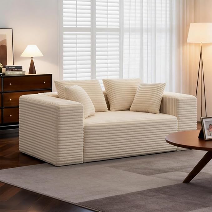 2-Seater Deep-Seat Corduroy Lounge Sleeper Sofa, No Assembly Frameless Foam Cloud Couch, Comfy Plush Double Seater for Living Room Bedroom Apartment Dorm Office (Beige)