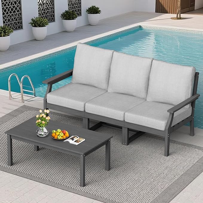 HDPE Patio Conversation Set, 4-Piece All Weather Outdoor Furniture Set with 3-Seater Modular Sofa for Deck, Lawn, with Cushion, Gray