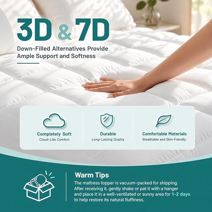 Premium Quilted 1000GSM Luxury Extra Thick Mattress Topper, King Size Cooling Mattress Pad, Overfilled Plush, Cloud-Like Comfort, Breathable, 8-21" Deep Pocket (White, Full)