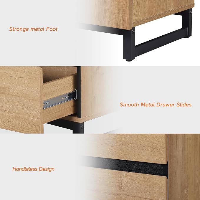 WAMPAT Nightstand with 3 Drawers for Bedroom, Modern Bedside Table with Black Square Metal Leg, Wood Rustic Side End Table, Oak, 2 Pcs - Image 5