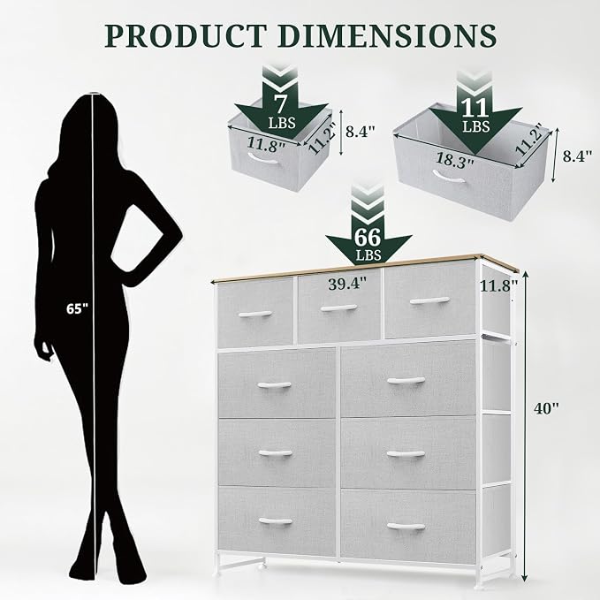 9-Drawer Dresser for Bedroom, Anti-Tip Tall Storage Organizer Chest of Drawers with Wooden Top and Metal Frame Fabric Bins for Closet, Living Room, Hallway, Entryway, Light Gray - Image 3