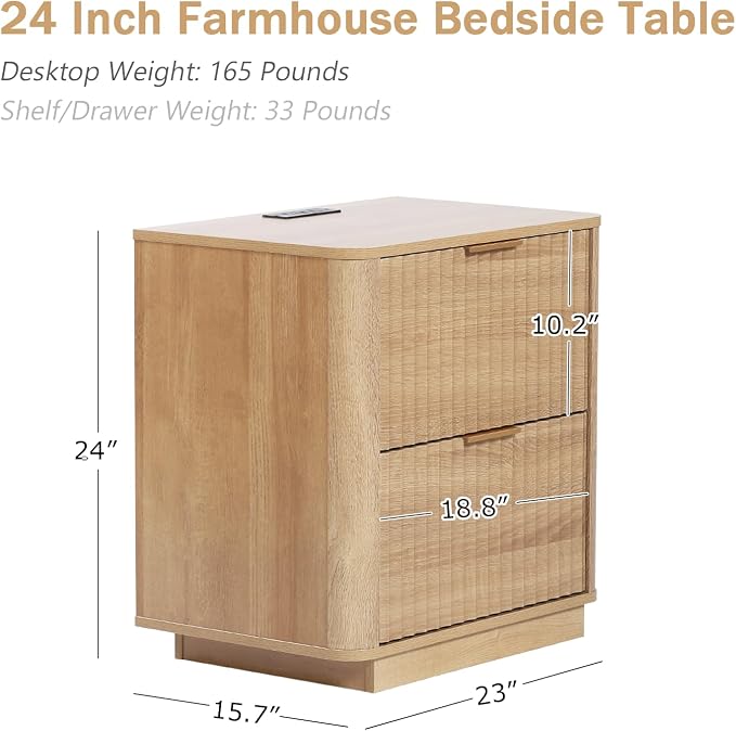 Fluted Nightstand with Charging Station, 23" Night Stands with 2 Drawers, Wood End Table with Storage, Oak Bedside Cabinet for Bedroom - Image 2