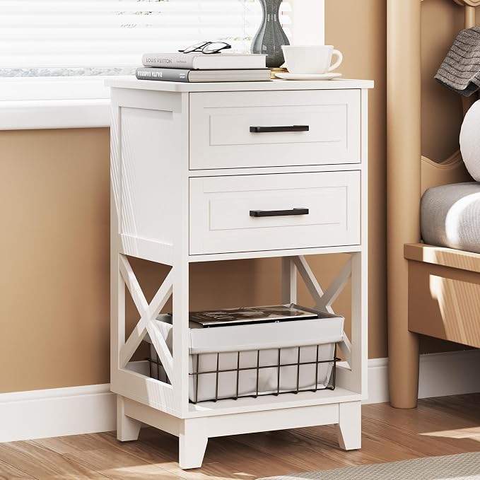 May in Color White Nightstand, Tall Side Table with 2 Drawers and Open Shelf, Bedside Table with Solid Feet, Modern Night Stand End Table for Bedroom, Home Office, White - Image 2