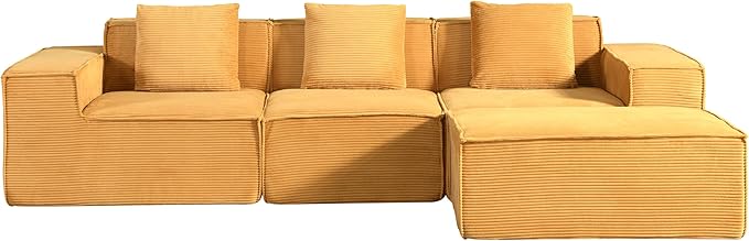 Compressed Sofa L Sectional, 112" Modular Cloud Couch with Ottoman, 23.2" Deep Seat Corduroy High-Back L-Shaped Sectional for Living Room/Bedroom, No Assembly, Ginger Yellow