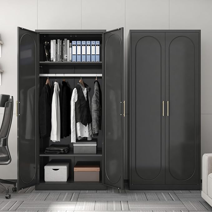 SteeLoong 71" Metal Armoire Wardrobe Closet with Doors,Tall Clothing Storage Cabinet with Adjustable Shelves and Hanging Rod,Black Wardrobe Closet for Bedroom,Home,Office,Gym