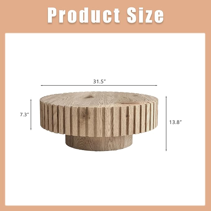 Round Wood Coffee Table for Living Room Modern Rustic Fluted Solid Wood Coffee Table Pedestal Center Table Circle Tea Tables for Apartment Easy Assembly(31.5''Oak Natural)