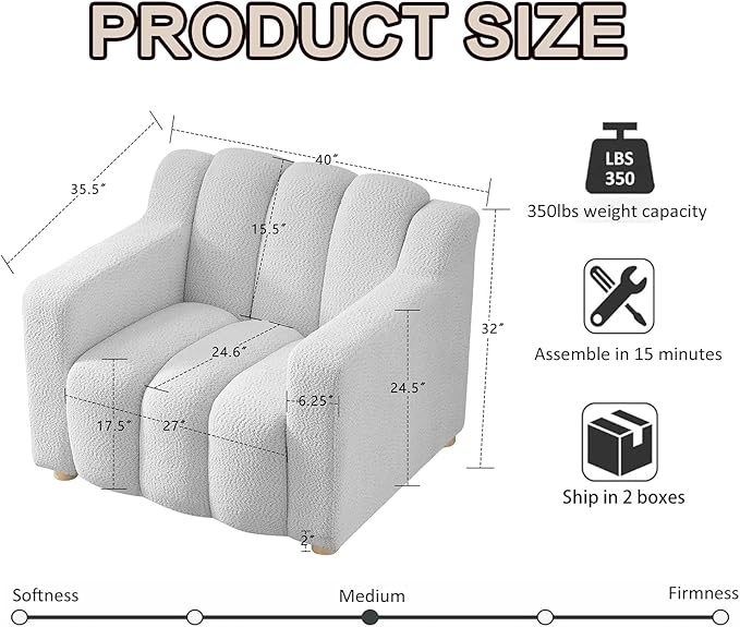 Modern Oversized Living Room Chairs, 40" Wide Boucle Accent Chairs with Deep Seat and Wooden Legs, Comfy Reading Arm Chair for Bedroom, Apartment, Orange