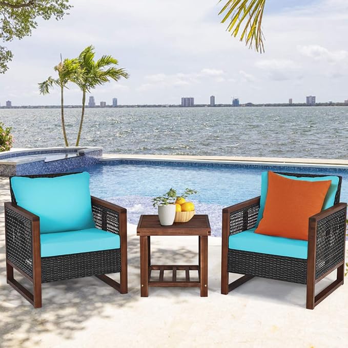 Tangkula 3 Pieces Patio Wicker Furniture Set, Rattan Outdoor Sofa Set w/Washable Cushion & Acacia Wood Coffee Table, Conversation Bistro Set for Garden Balcony Backyard (Turquoise)