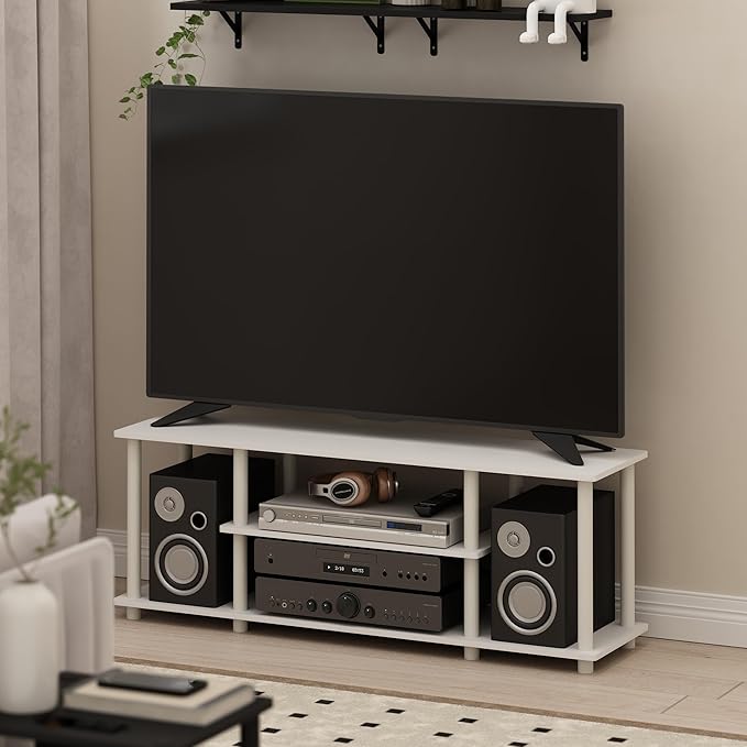 Furinno Turn-N-Tube TV Stand, 3-Tier Open Frame Rectangular Entertainment Center with Storage Shelf, TV Console for TV up to 50 Inch, Toolless Assembly, for Living Room, Bedroom, White - Image 2