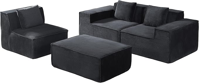Rowan Convertible Corduroy Sectional Couch with Ottoman & Pillows, Modular L Shaped Sleeper Sofa, Boneless Cloud Couch for Living Room Furniture, Black
