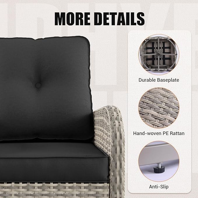 9-Piece Patio Rocking Swivel Chair Outdoor Wicker Rattan Bistro Set with Tempered Glass Side Table, Outdoor Patio Furniture Set for Garden, Deck, and Balcony, Dark Grey