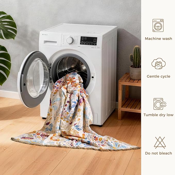 LUTBM Boho Throw Blanket with Florals & Leaves Embroidery Reversible Lightweight Spring Cotton Gauze Throws for Couch,Bed,Sofa & Chair Decor - Bohemian Living Room Accent Gift 50"x60"
